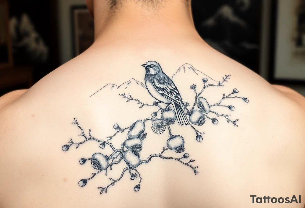 bird on persimmon tree with lots of branches and fruits with mountains in background japanese style tattoo idea