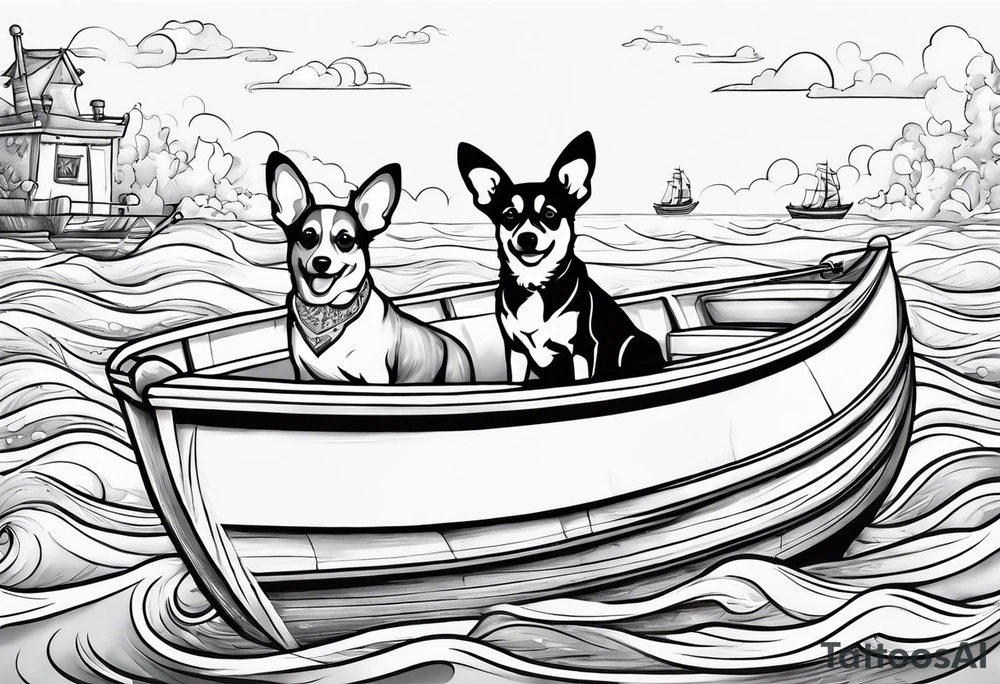 two dogs in a boat. One dog is tan with big ears like a chihuahua. The other dog looks like a corgi with floppy ears. The boat's name is McNamara tattoo idea