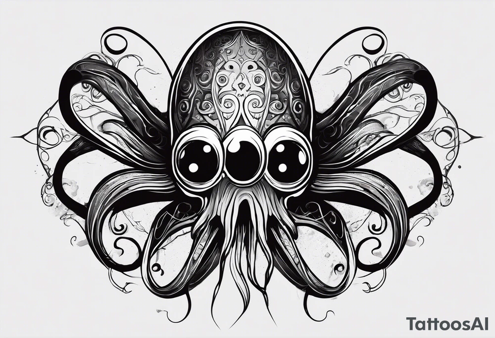 The equivalent of a horror and bizarre squid avatar. twisting and intersecting lines, making it look very wild and chaotic. The eyes of the squid are particularly prominent, one of them is white and the other is black, the overall expression is crazy and intense, with some distressed or damaged texture effects. tattoo idea