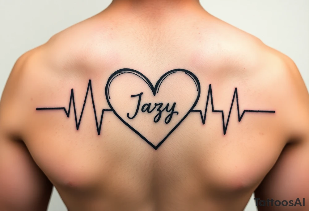 upper arm tattoo -faded heart beat outline for a deceased best friend with the name Jazy incorporated tattoo idea