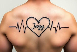 upper arm tattoo -faded heart beat outline for a deceased best friend with the name Jazy incorporated tattoo idea