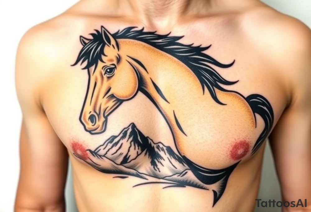 A golden mustang horse with black mane and leg. The mountains and nature should frame the design, blending with the horse's black fur as a base to represent the landscape. Experiment with using the black fur to shape the mountains, playing with edges or interior details. tattoo idea
