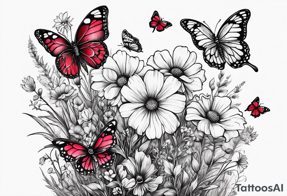 Wildflower field with "Ruby" in calligraphy font and butterflies around it tattoo idea