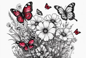 Wildflower field with "Ruby" in calligraphy font and butterflies around it tattoo idea