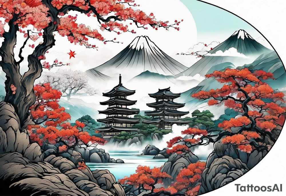 Japanese motives tattoo looking like a scenery tattoo idea
