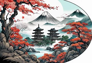 Japanese motives tattoo looking like a scenery tattoo idea
