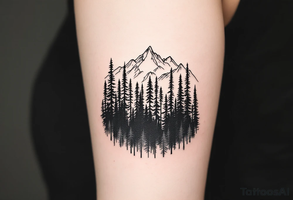 A minimalist tattoo of a forest with tall, slender trees leading toward a mountain range in the distance. The forest is dense at the bottom, filled with intricate fine lines, while the mountains gradually become more defined and detailed as they rise above the trees, representing the path out of struggle and into a clearer future. The tattoo could symbolize both the emotional journey of Exile and the hope and resolution in Out of the Woods tattoo idea