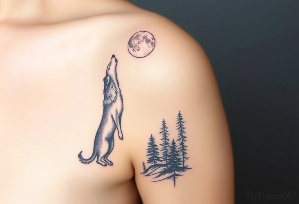 Lone wolf howling at the moon in the forest in the night Columba star tattoo idea