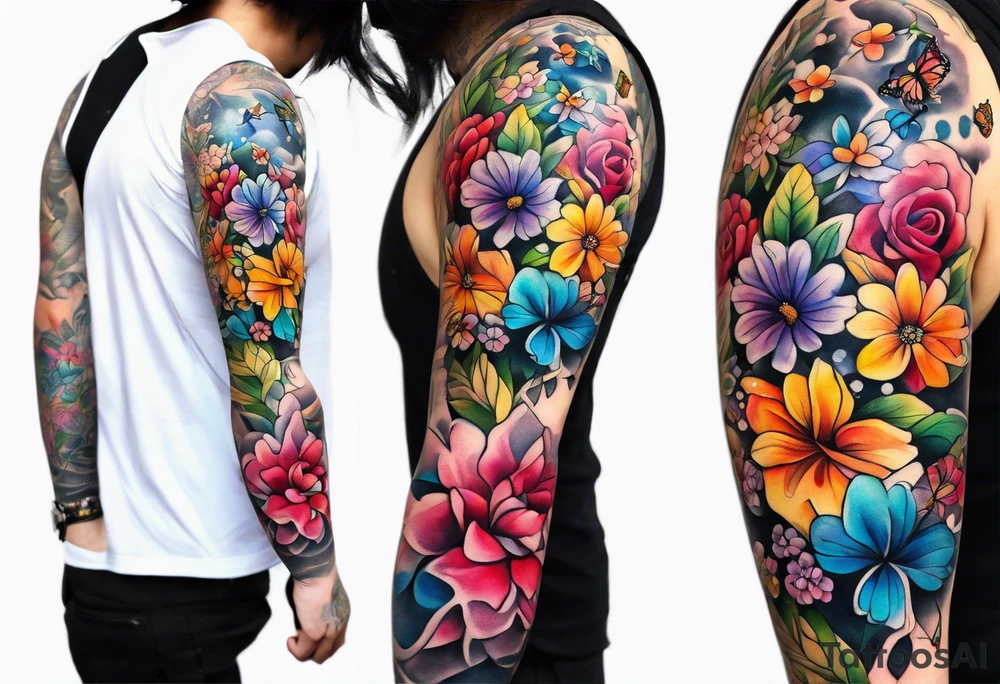 Arm sleeve with rainbow flowers and butterflies tattoo idea
