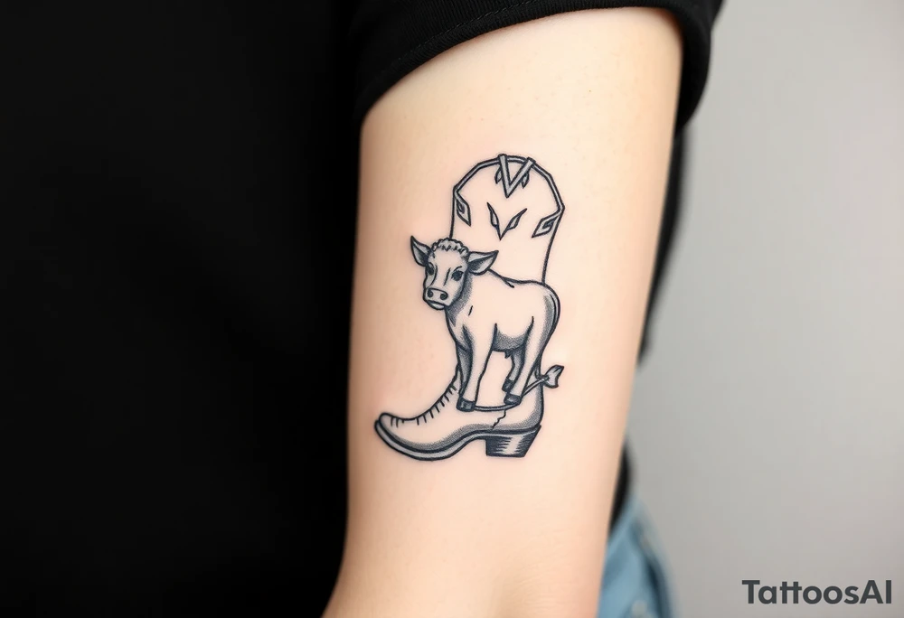 A cowboy boot with a small highland cow stitched into it. tattoo idea