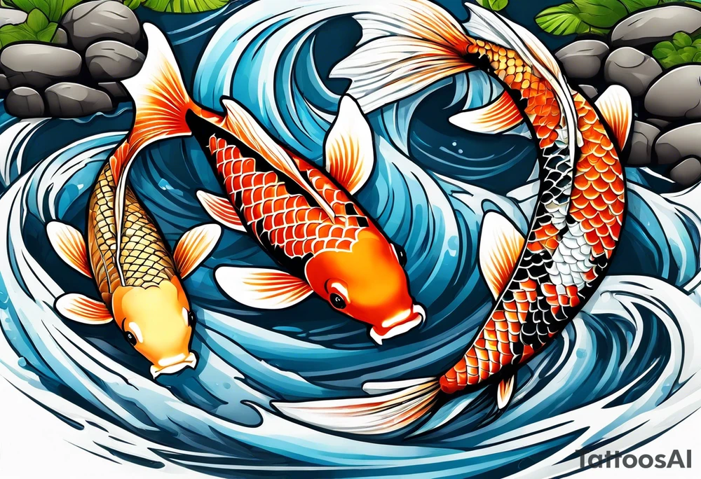 Koi swimming up a stream that leads to a waterfall tattoo idea