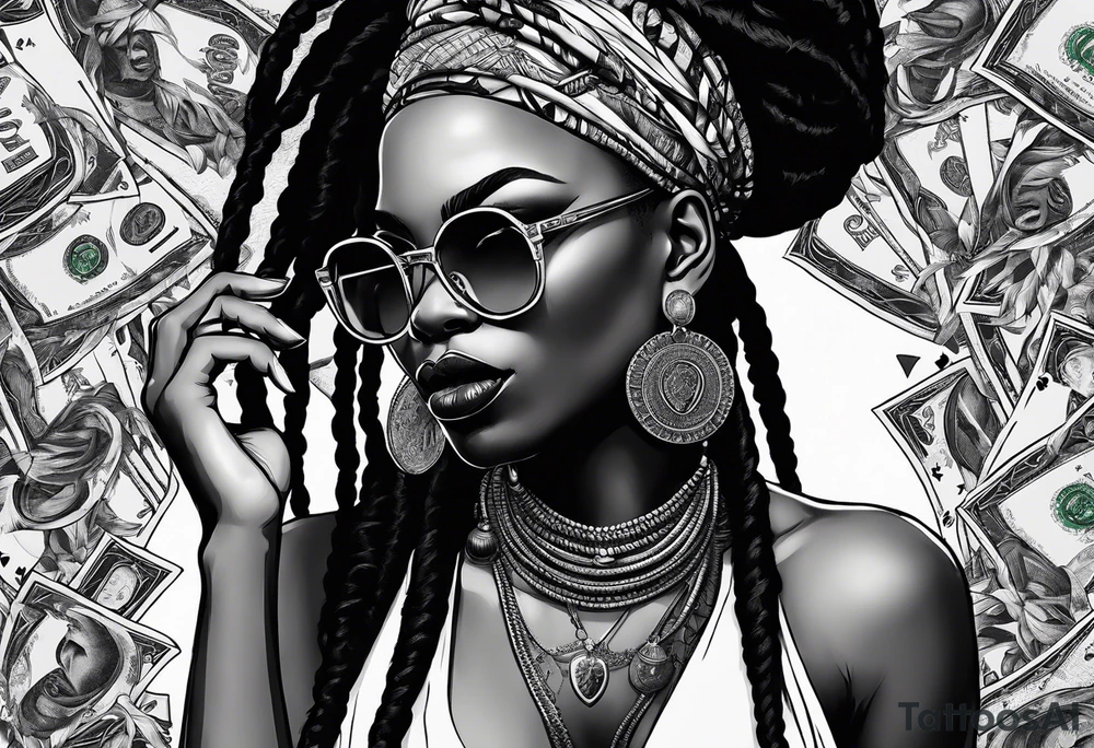 african woamn with dread locks and un glasses biting money playing poker tattoo idea