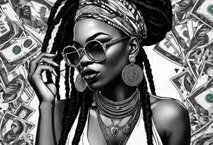 african woamn with dread locks and un glasses biting money playing poker tattoo idea