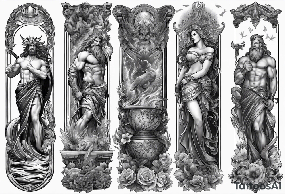 Tattoo sleeve with Zeus, Poseidon and Hades. tattoo idea
