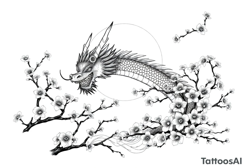 Dragon sunset Japan cherry blossoms tattoo idea