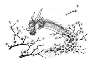 Dragon sunset Japan cherry blossoms tattoo idea