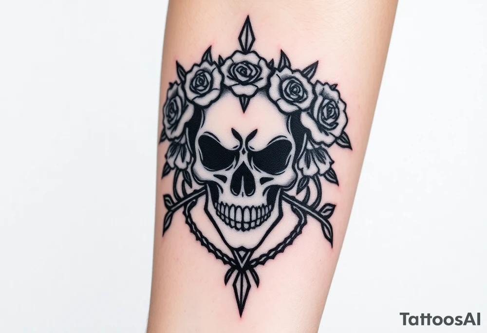 ornate skull adorned with crown of wild roses and thorns tattoo idea