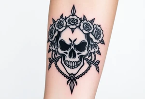 ornate skull adorned with crown of wild roses and thorns tattoo idea
