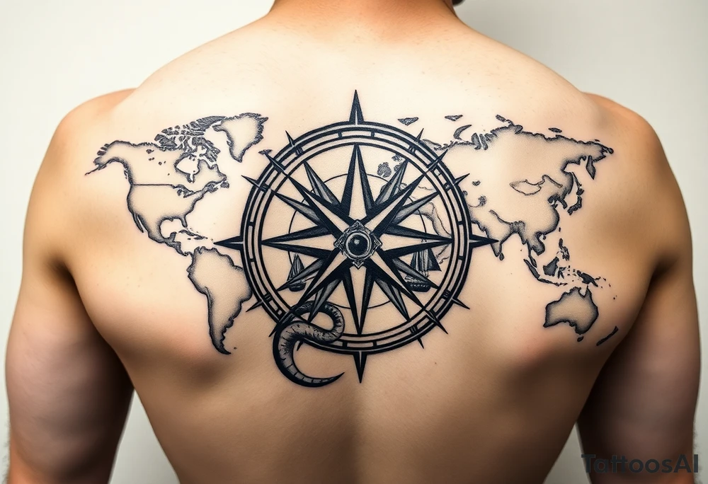 antique compass rose overlaid on weathered world map with sailing ships and a snake tattoo idea