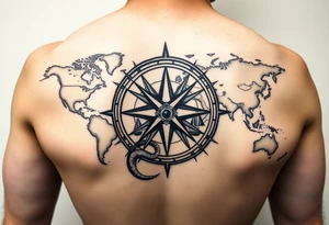 antique compass rose overlaid on weathered world map with sailing ships and a snake tattoo idea