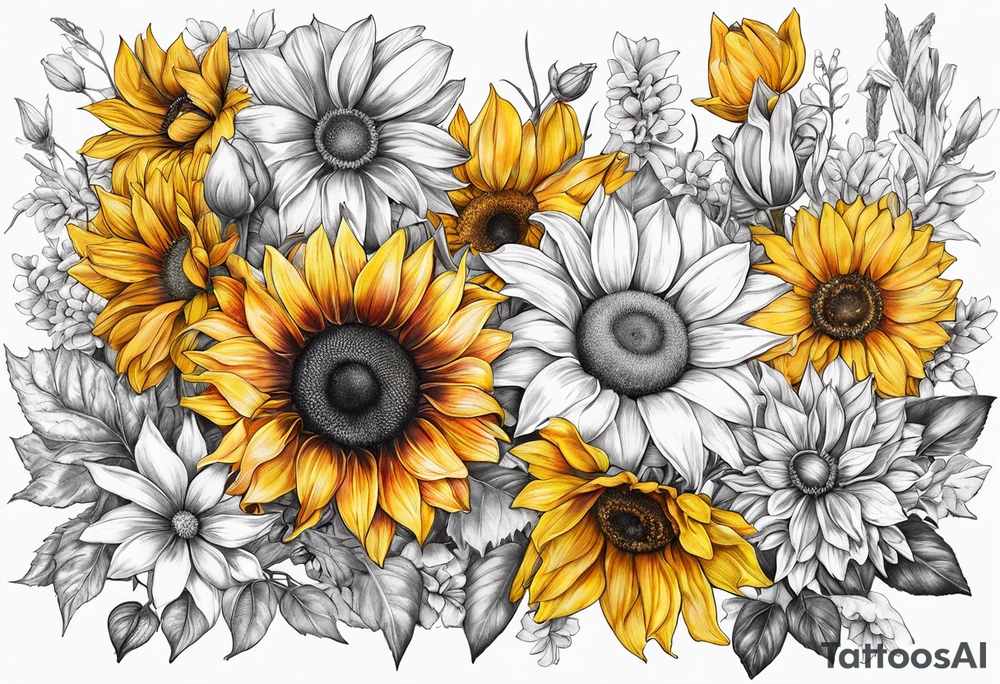 Sunflower, Lillie’s, roses, daisies, poppy’s tattoo idea