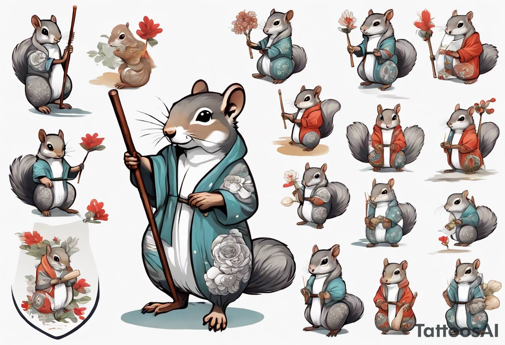 a grey squirrel dressed in a tunic holding a large white stick tattoo idea