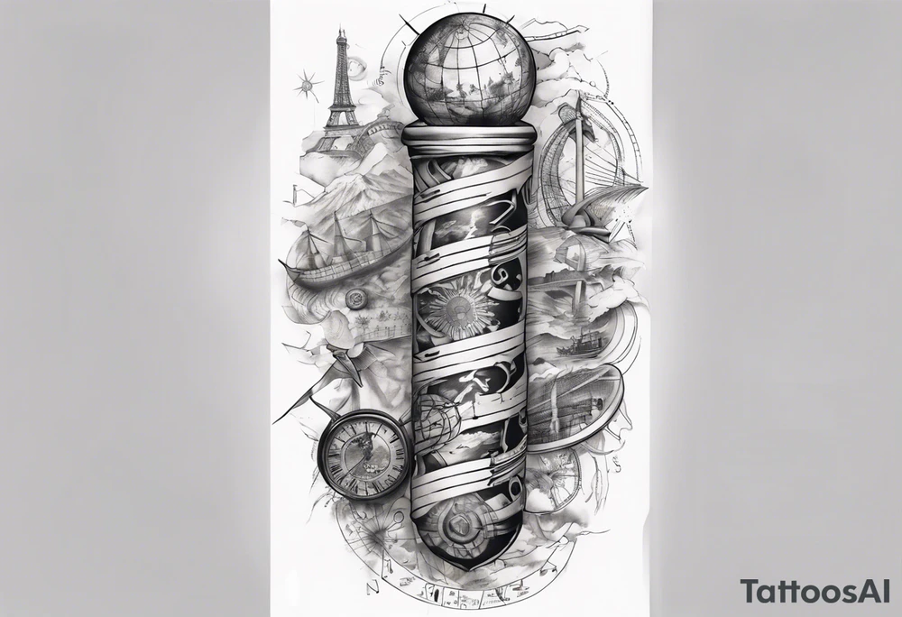 full arm tattoo for man with images of maps and travel and dna strands and music tattoo idea