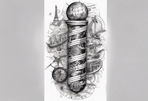 full arm tattoo for man with images of maps and travel and dna strands and music tattoo idea