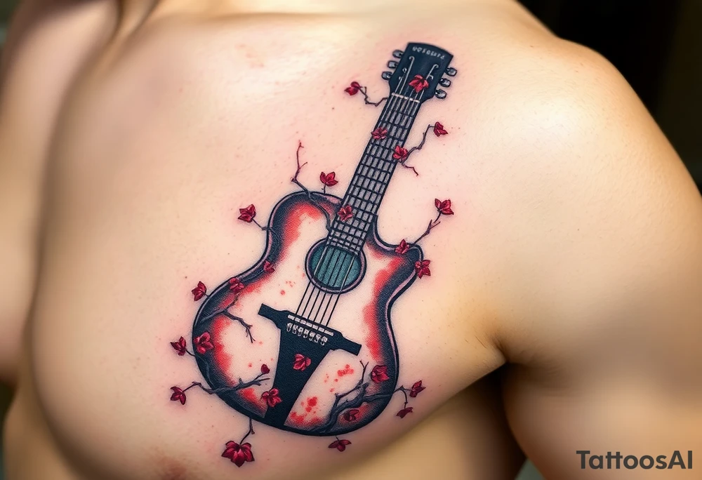 A broken guitar with vines growing through the strings, in dark tones of black and deep red, representing the fusion of music and eternal love tattoo idea