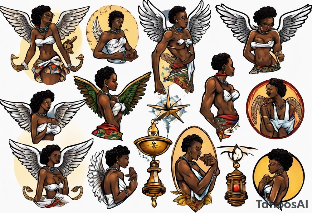 African angel on a balcony tattoo idea