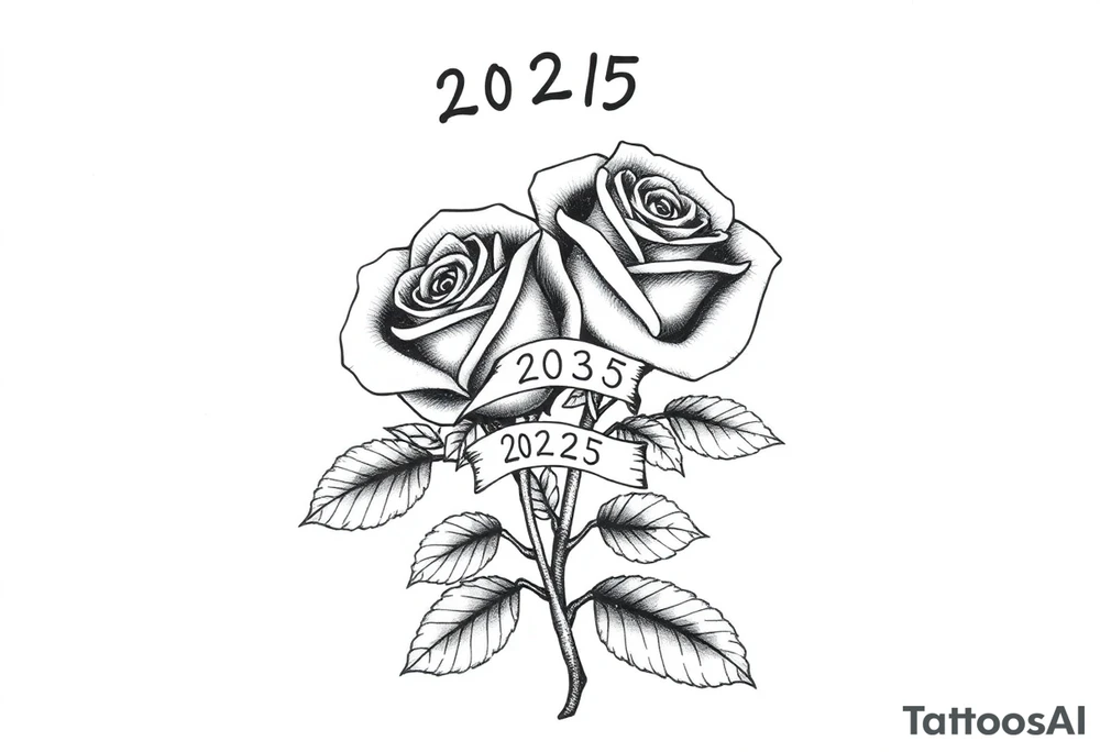 two beautiful rose buds, with many leaves and stems intertwined, representing two people in love. Include a small banner with "2025" on it.  The word "Rose" written in Kanji above the drawing. tattoo idea