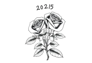 two beautiful rose buds, with many leaves and stems intertwined, representing two people in love. Include a small banner with "2025" on it.  The word "Rose" written in Kanji above the drawing. tattoo idea
