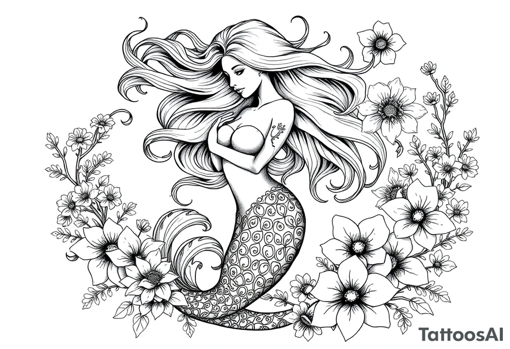 ethereal mermaid with flowing hair among coral and sea flowers tattoo idea