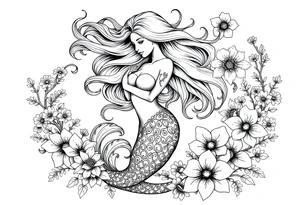 ethereal mermaid with flowing hair among coral and sea flowers tattoo idea