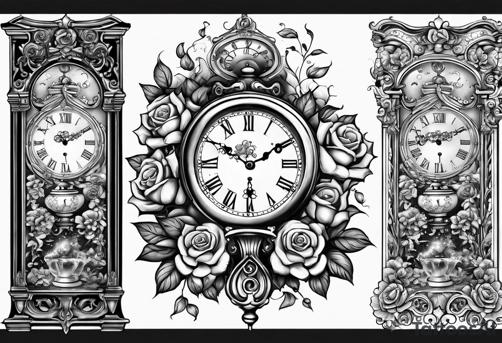 Half sleeve on arm of beautiful old fashion clock with roses, cherubs, angels, and the name chase Peter in a scroll tattoo idea
