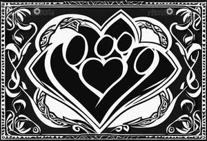 four dog paws with dark background connecting them, individual and disconnected tribal heart above tattoo idea