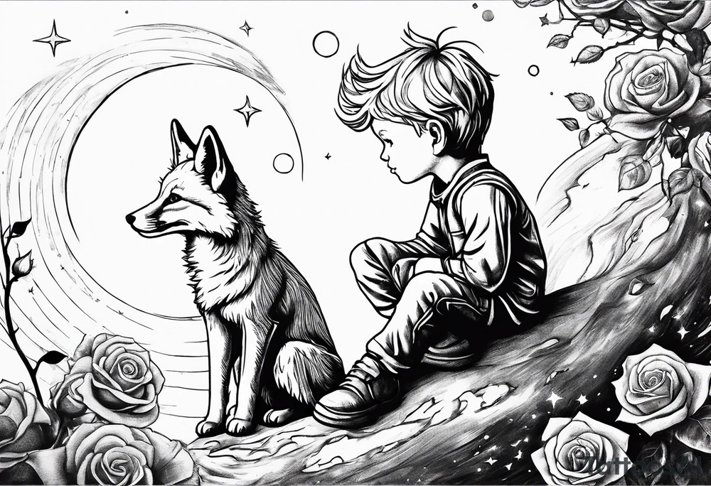 The Little prince sitting on his planet toghether with the fox on his planet besides his rose. Both are watching into the sky tattoo idea