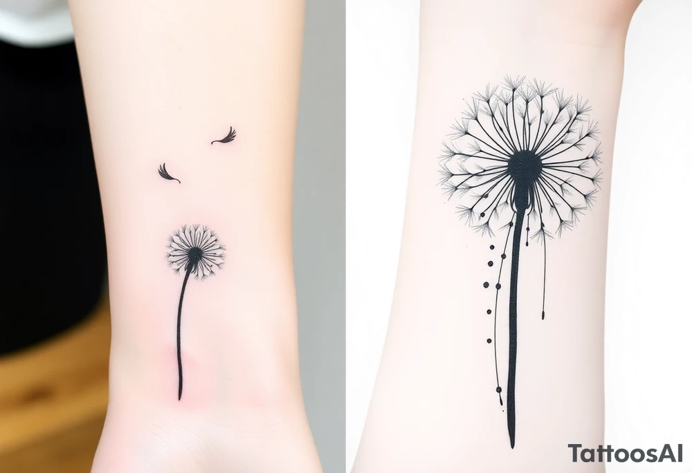 The first image shows a delicate dandelion tattoo on a person’s skin, with seeds blowing away. The tattoo has a fine-line style with subtle shading and a soft pink hue around the base, giving it a watercolor effect. The design is minimalistic and elegant, emphasizing movement as the seeds float away.

The second image is an artistic black-and-white dandelion drawing with an abstract watercolor effect. The dandelion’s seeds are dispersing, and the ink appears to be dripping down, creating a dynamic and fluid look. The shading and splatter effect add depth and texture to the design, making it appear soft yet striking.

Both images capture the symbolic nature of dandelions—representing freedom, transformation, and the passage of time—with different artistic approaches. tattoo idea