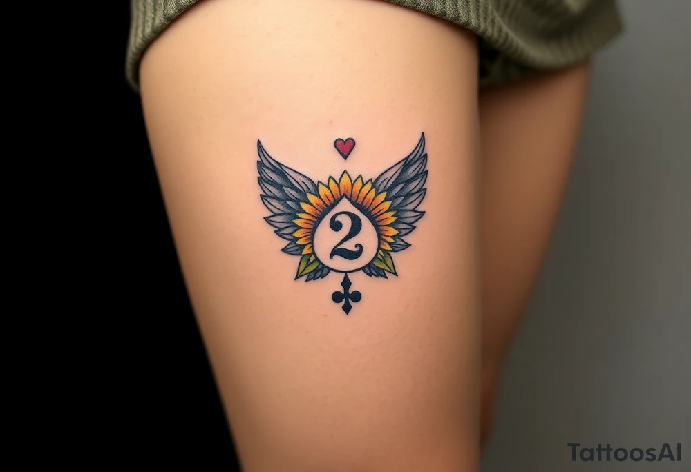 sunflower, wings, or halo with a 2 of clubs tattoo idea