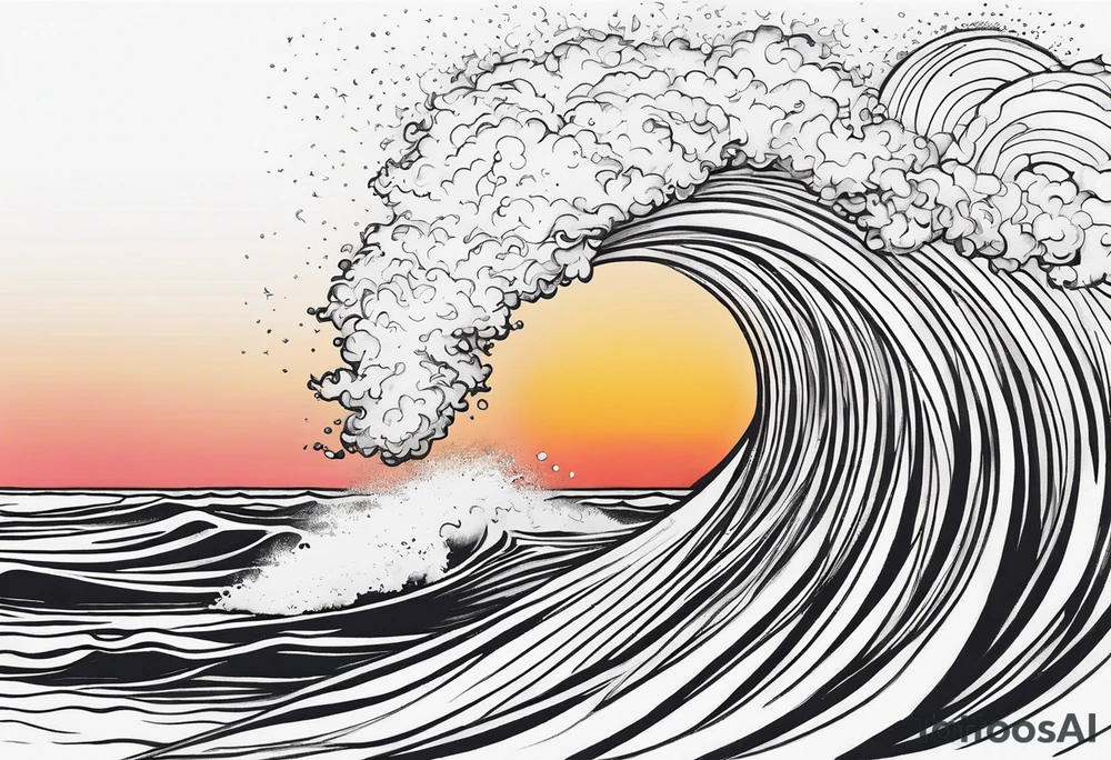 You're adding way too much. Please tone it back. Fine line, minimal sunset. Only Ocean and sunset in the image. Very calm waters with barely any waves. tattoo idea
