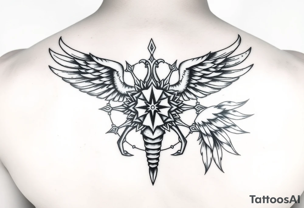 A stylized mandala incorporating elements of all three creatures. Scorpion tail forming the base, eagle wings creating symmetry, and phoenix feathers integrated as decorative patterns with flame textures. tattoo idea