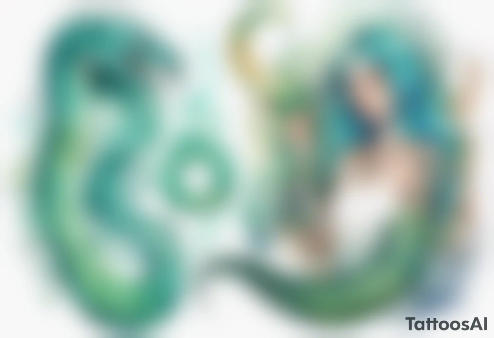 a sea serpent next to a women with blue-green hair wearing a white tunic tattoo idea
