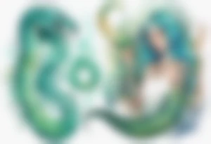 a sea serpent next to a women with blue-green hair wearing a white tunic tattoo idea