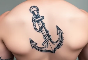 weathered anchor wrapped in nautical rope with sea waves tattoo idea