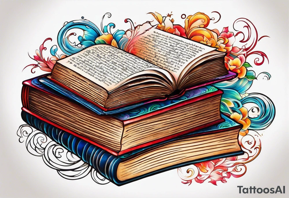 Books with sparkles and swirls tattoo idea