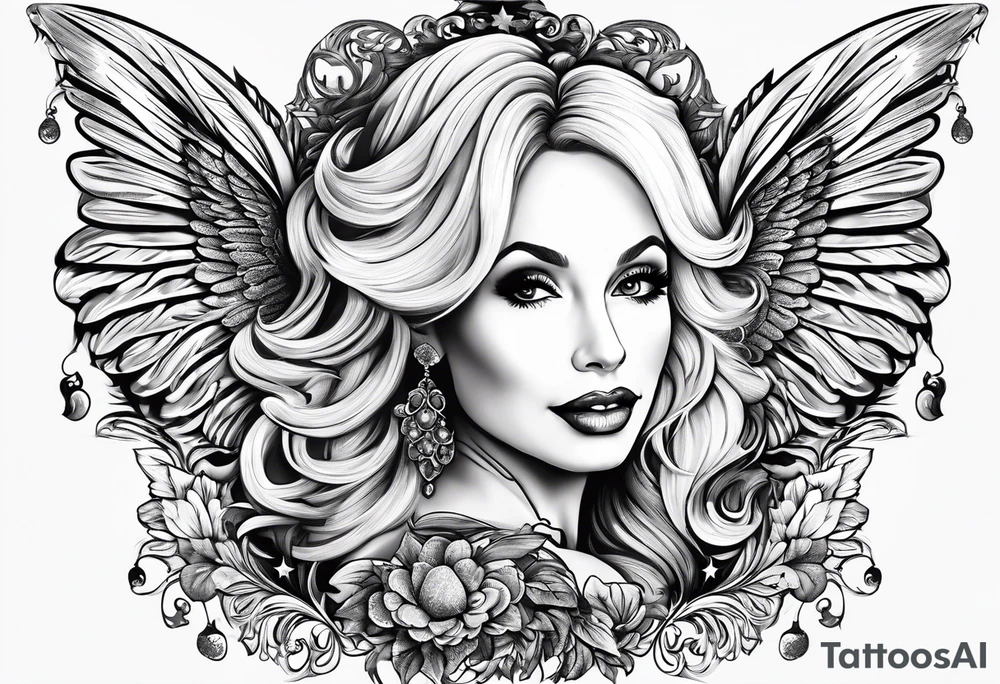 An angelic tattoo featuring Dolly Parton, an acorn, wings tattoo idea