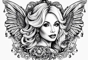 An angelic tattoo featuring Dolly Parton, an acorn, wings tattoo idea