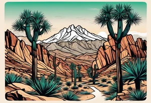 Rocky Mountains with evergreen trees that fade into Joshua trees in a desert and then fade into a Hawaiian beach tattoo idea