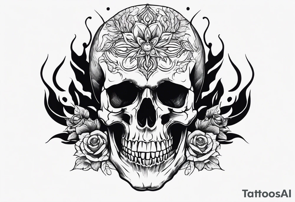 Skull on top of fire praying tattoo idea
