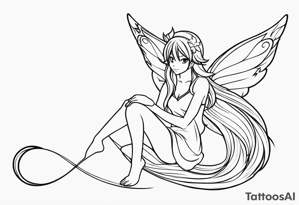 No color fairy with a tail inspired by the logo of the show called Fairy Tail in a fetal position leaning in and forward tattoo idea